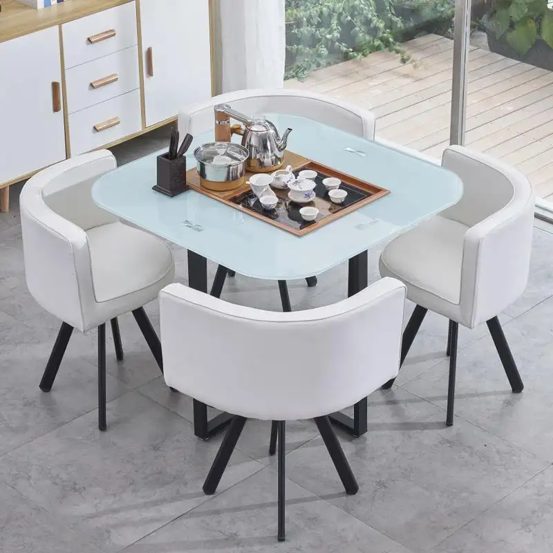 Luxury white furnitures dinner table with chair 4 seaters tempered glass dining room sets