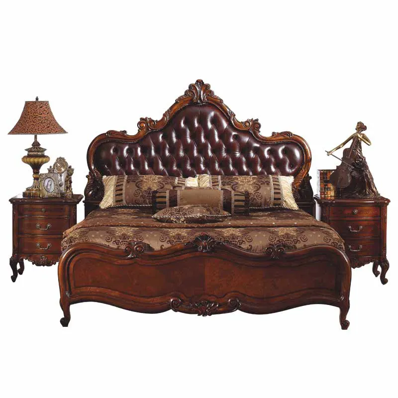 Роскошный деревянный каркас структуры и кожаная отделка двуспальная кровать с резьбой для наборов мебели спальни B-268