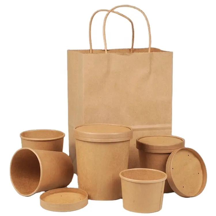 Disposable Eco Friendly 12oz Kraft Paper Food Container Hout Soup Bowl