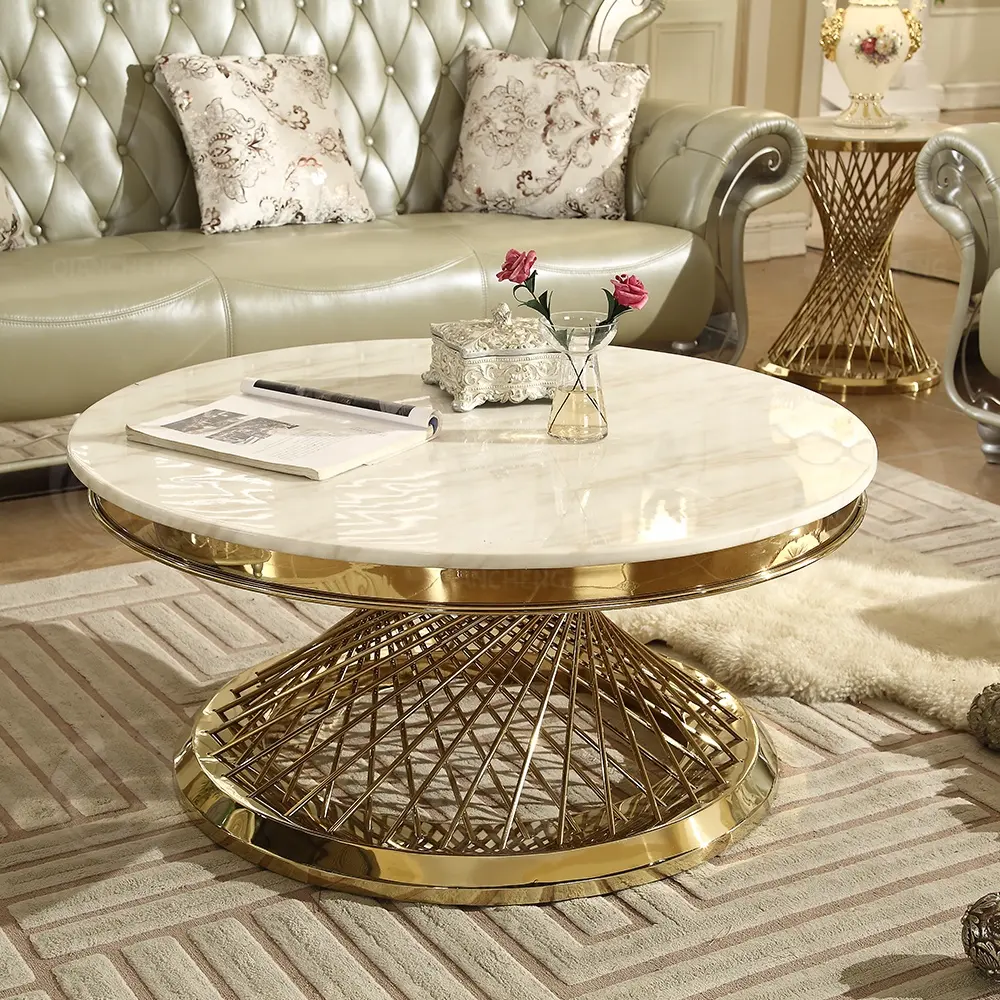 Роскошная мебель для отеля, круглый мраморный журнальный столик для гостиной, центральные журнальные столики из нержавеющей стали золотого цвета