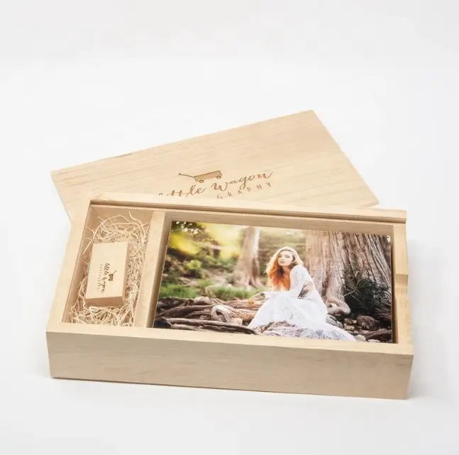 Square maple slid lid wood box packing USB flash disk and 4*6inch 5*7inch photos for wedding gifts and new born