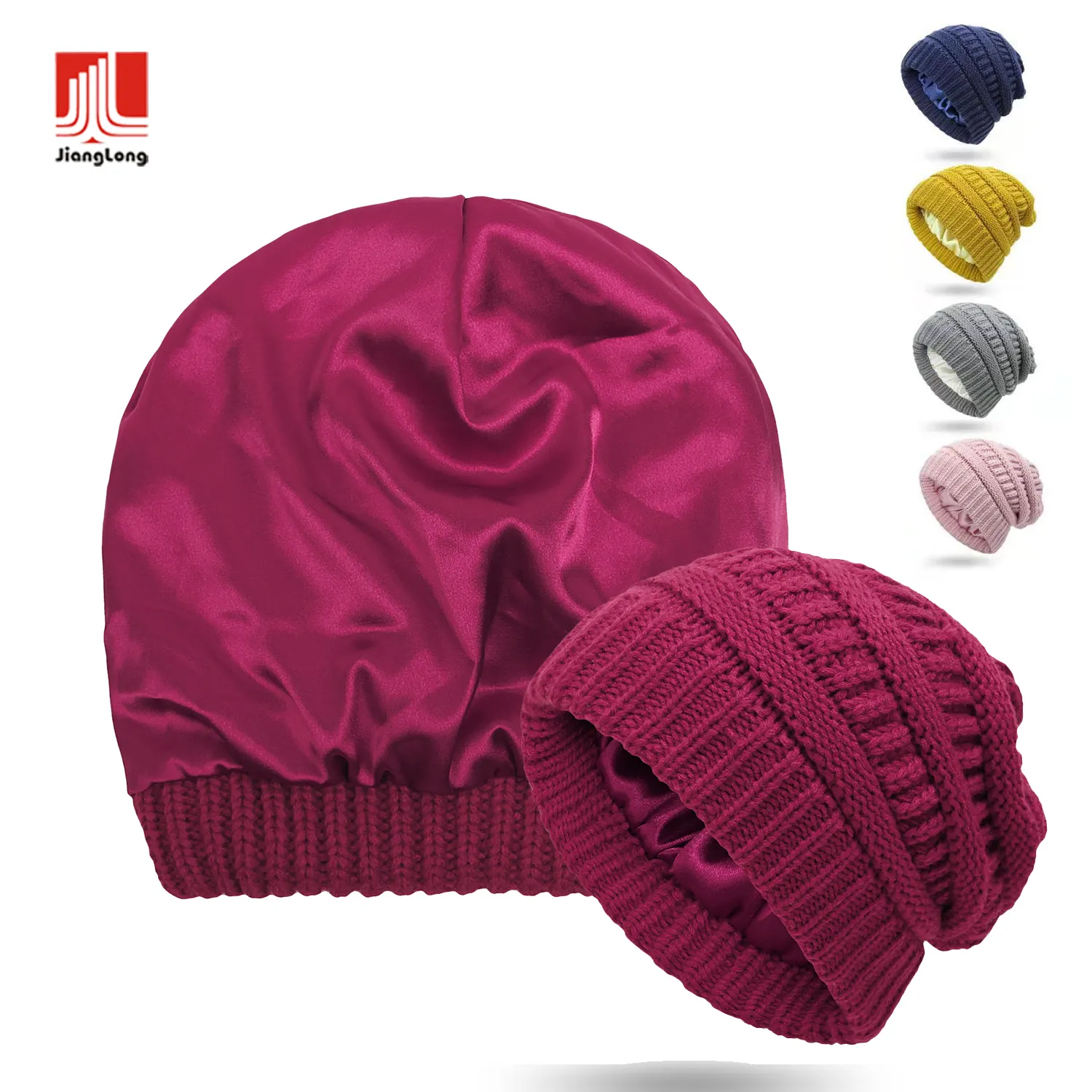 Wholesale high quality cable knitted solid warm winter hat silk satin lined cap beanie for women