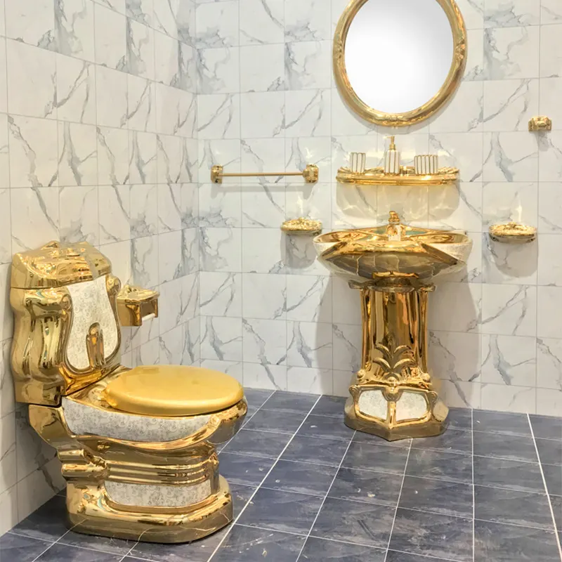 Royal style sanitary ware luxury toilet bowl and pedestal wash basin sink golden toilet ceramic gold toilet set