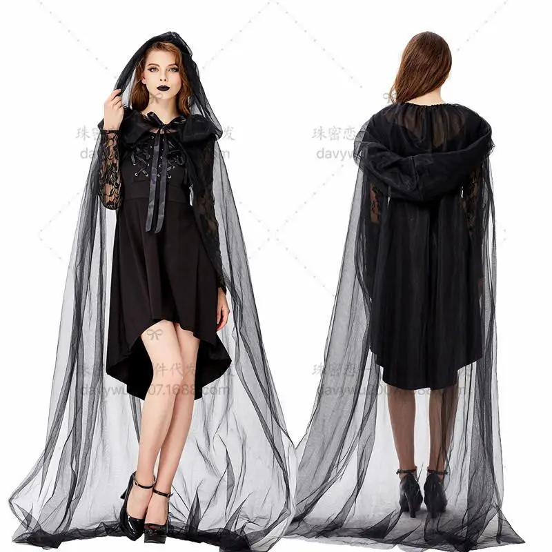 2022 Европейская и американская стильная марлевая накидка на Хэллоуин волшебник тренчкот с капюшоном с ведьмой газовая юбка женская Средняя черная