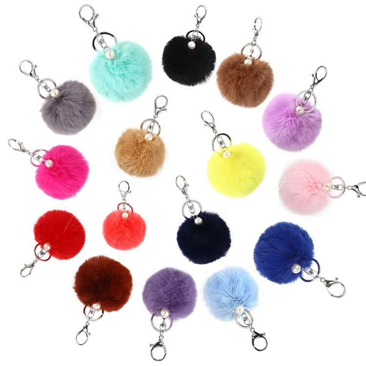 TOMAS Solid Pearl Fur Puff Rabbit Fox Keyholder Fluffy Furry Fuzz Custom Faux Ball Shape Pom Silver Keychain/