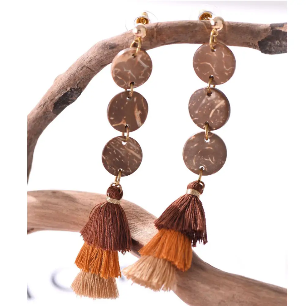 Hawaiian collection handmade women fashion coconut shell long tassel dangle earring boho