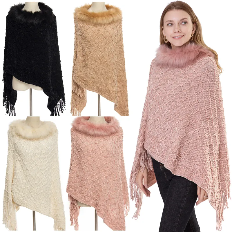 Women Poncho Winter China 100% Polyester Tricot Knitted Poncho With Faux Fur Collar Fashion Winter Chenille Womens Shawl Wrap Sweater