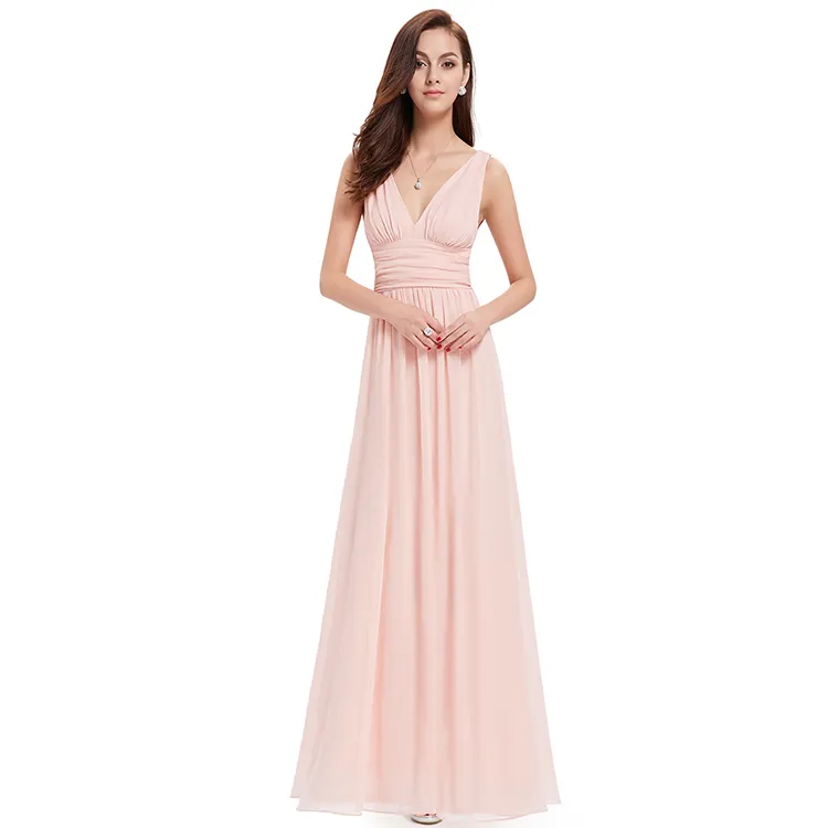 Hot selling simple style v neck custom solid color pink long bridesmaid dresses for wedding