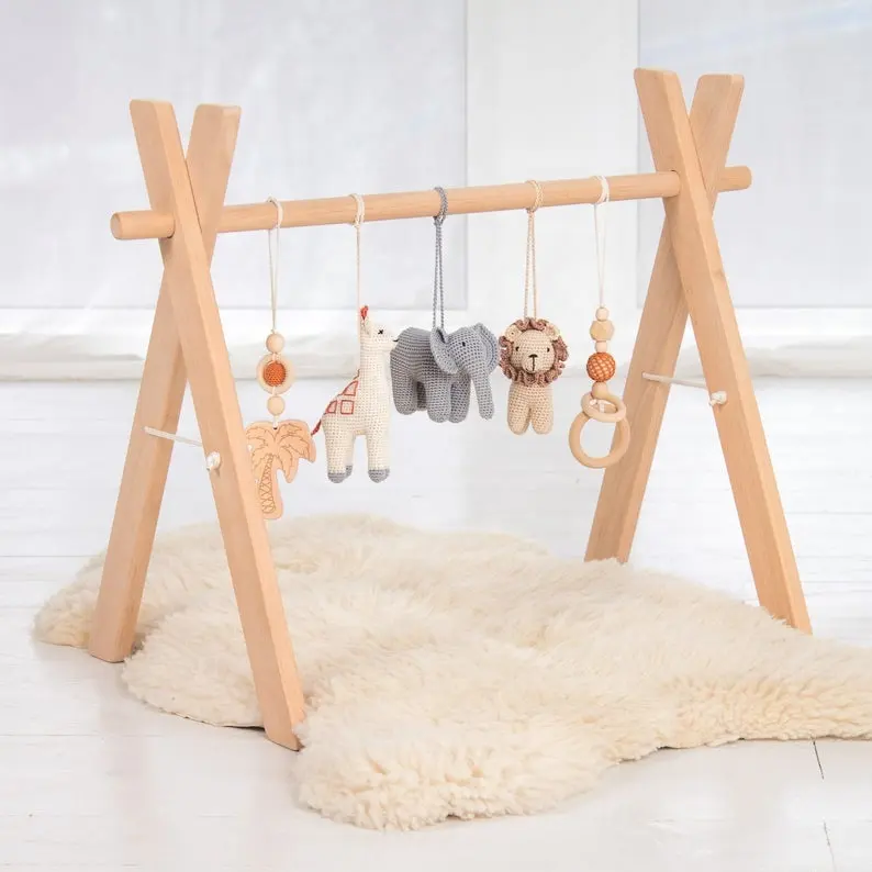 Neutral Koala Bear Wooden Baby Play Gym With Hanging Teether Toy