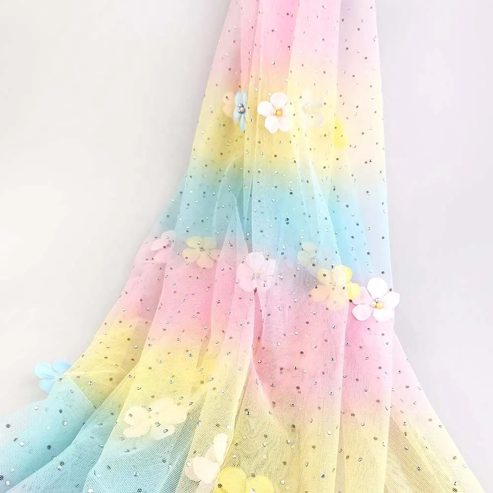 2023 Stock Sale Rainbow Color Digital Printed Tulle Bead Pearl Fabric