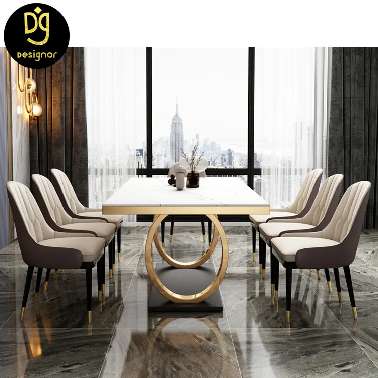DG итальянский современный дизайн Золотая основание из нержавеющей стали мебель для столовой роскошные стулья и белый мрамор набор обеденных столов