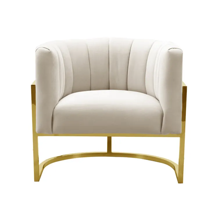 Luxury modern living room high quality armchair gold stainless frame white velvet accent chair