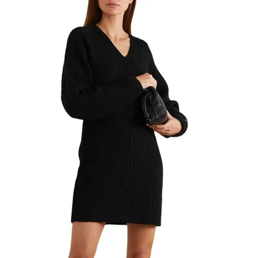 Новинка, Модный трикотажный кашемировый свитер в рубчик с V-образным вырезом, женское кашемировое платье