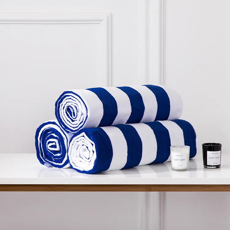 High end hotel beach and sport white/blue stripe towel with stock available