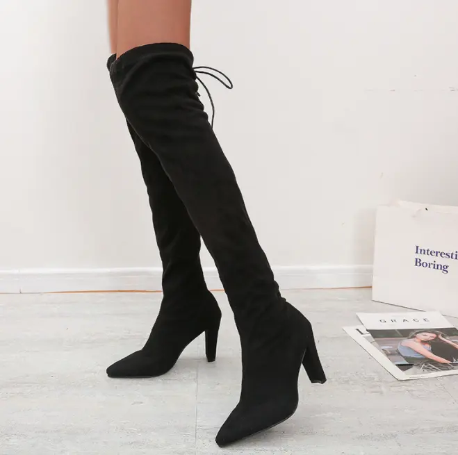 Fashion Stretch Fabric Sock Boots Pointy Toe Over-the-Knee Heel Thigh High Pointed Toe block heel boots women