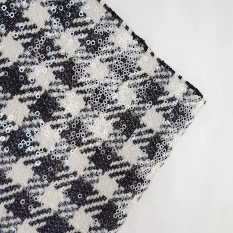 Black and White Plaid 100% Polyester Woven Embroidery Metallic Sequin Tweed Fabric