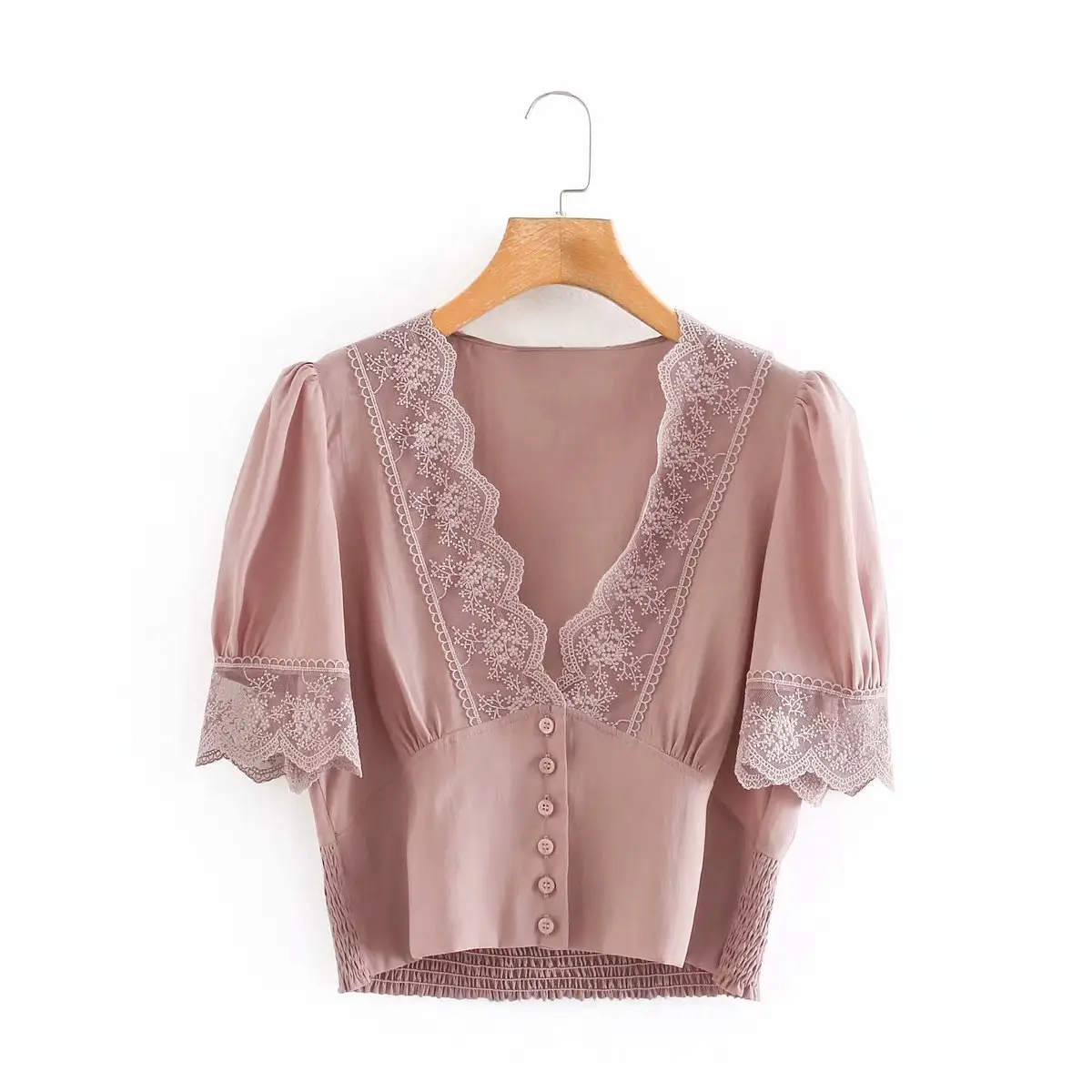 D855 New Latest French Woman Lace Trim V Neck Buttons Up Short Blouse and Shirts Women Elegant Crop Top