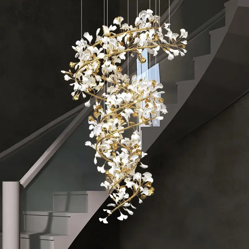 Luxury Chandelier Indoor Home Leaves Staircase Hotel Lobby Custom Ceramic Ginkgo Leaf Chandelier