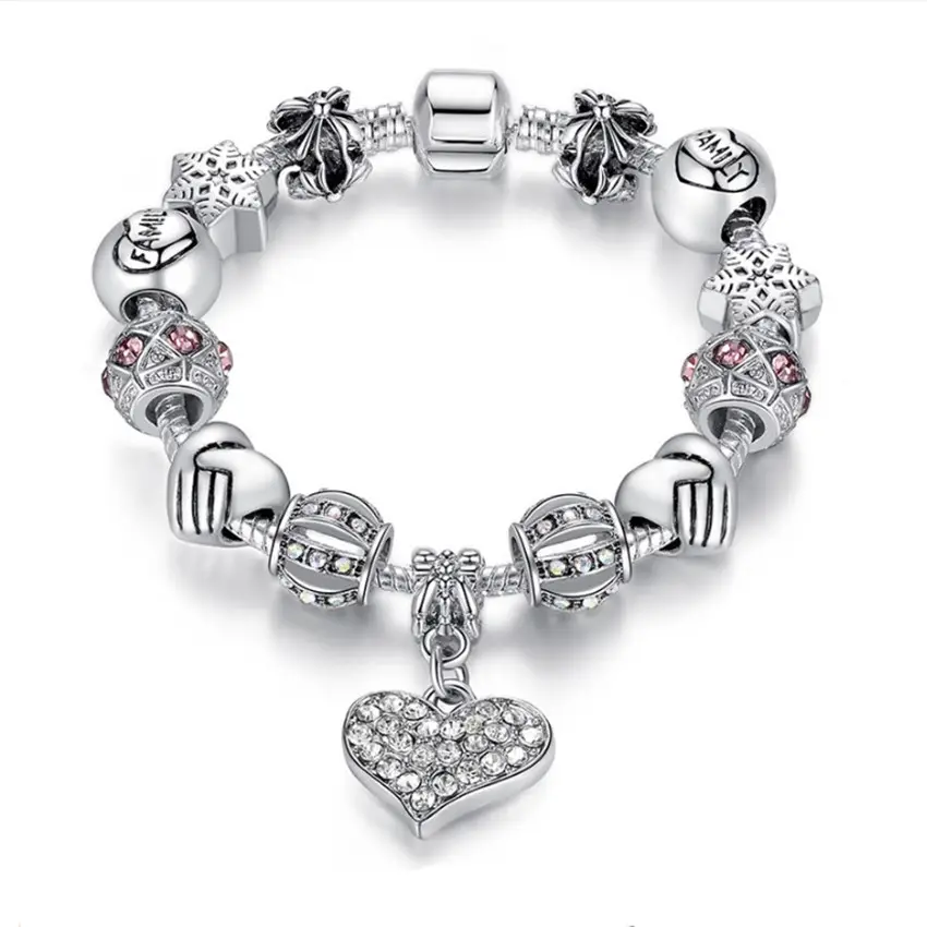 Мода Серебряный браслет женские Снежинка любовь кулон Шарм браслет с украшением в виде кристаллов, браслеты с брелоками для женщин