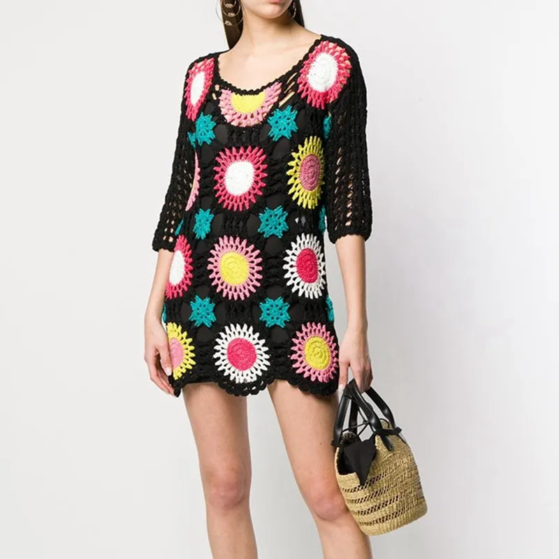 Popular Multicolored Cotton Round Neck Short Sleeve Crochet Knit Dress