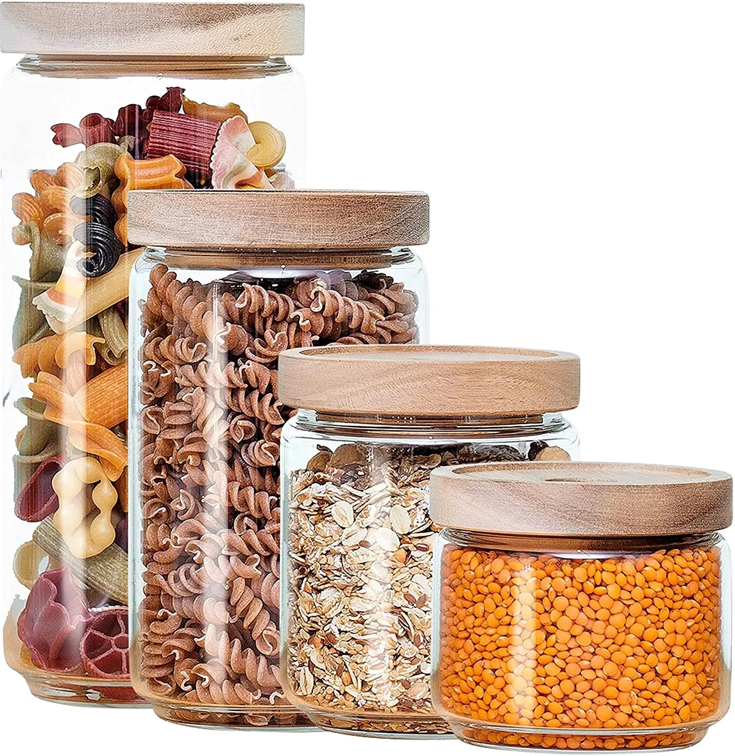 Glass Food Storage Container Set of 4 with Wooden Lid for Pasta