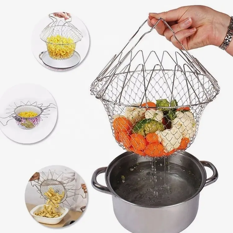 Kitchen Cooking Stainless Steel Wire Mesh Basket With High Temperature / Foldable Fruit Basket Chef Basket