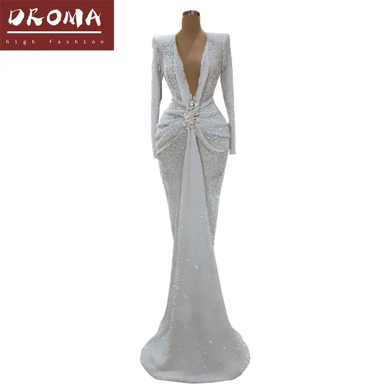 Droma 2022 Новое поступление элегантное банкетное платье с глубоким V-образным вырезом блестками с длинными рукавами роскошное белое вечернее платье для дам