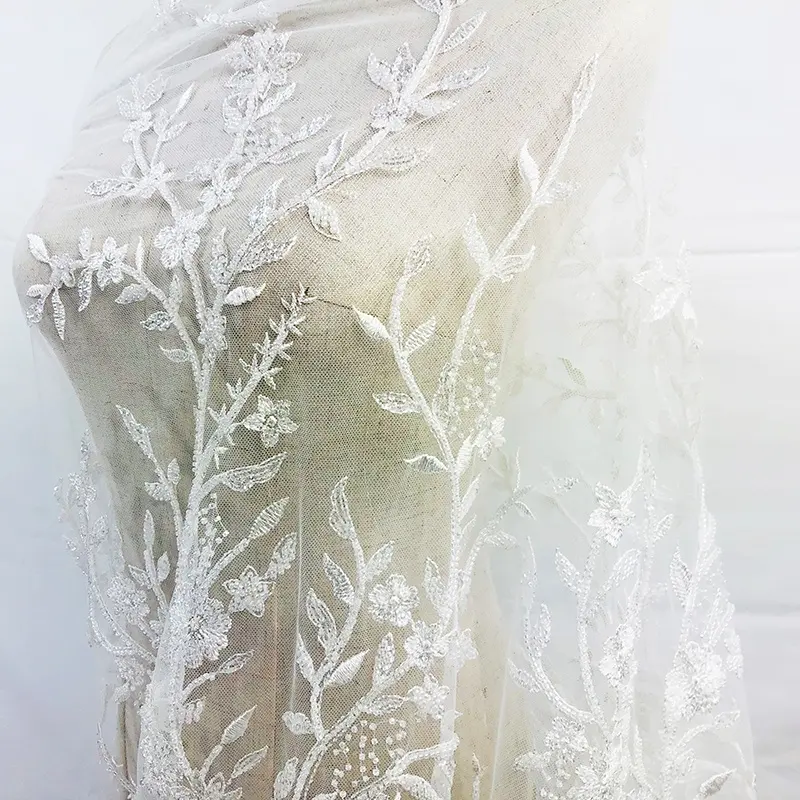 bridal wedding design dubai white Sequin tulle beaded embroidery fabric lace