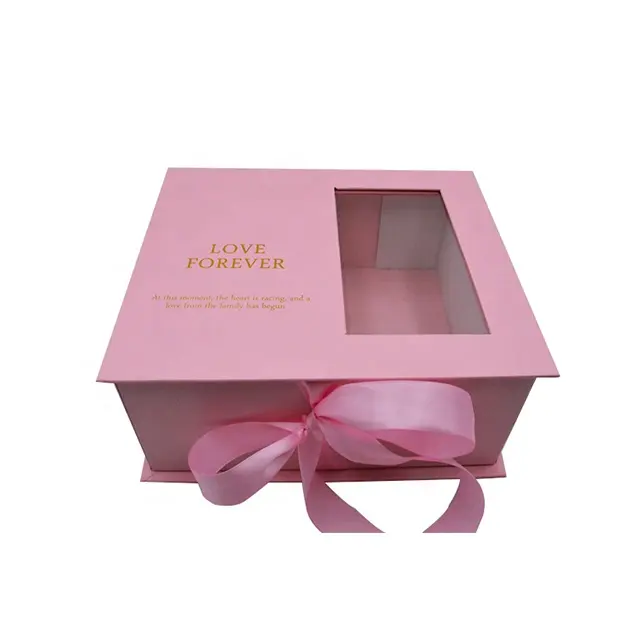 Pink Gold Hot Stamping Logo Rigid Paper Box with Clear PVC Window Ribbon Closure for Hair Extension Packing