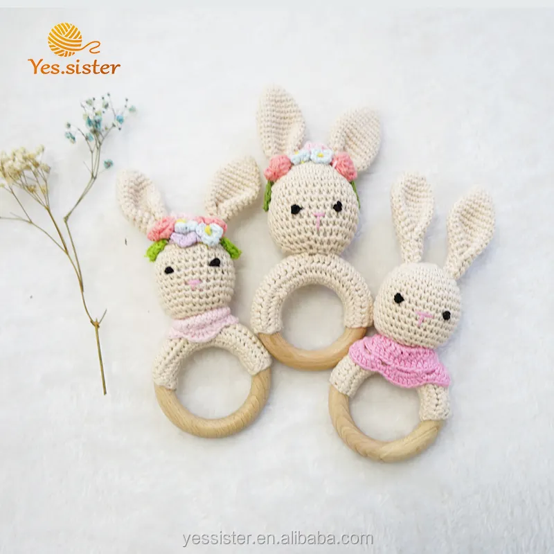 Smooth Wooden Ring Crochet Bunny Bear Fox Rattle Teething Toys