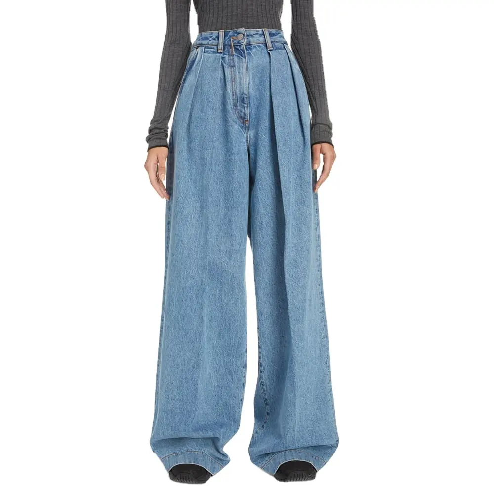 Индивидуальный дизайн, оптовая продажа, OEM, женские джинсы с высокой талией, рваные, узкие, расклешенные, широкие, голубые, потертые, высококачественные женские джинсы