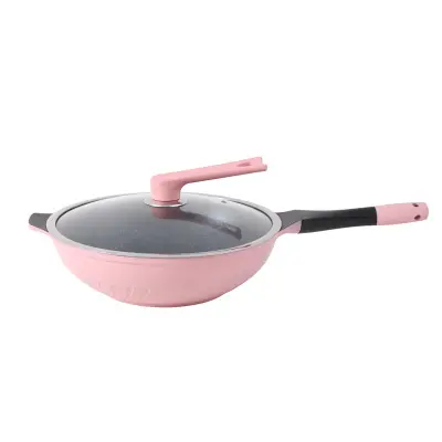 Induction Flat Bottom Die Casting Aluminum Marble Stone Coating Non Stick Wok Pan with handle