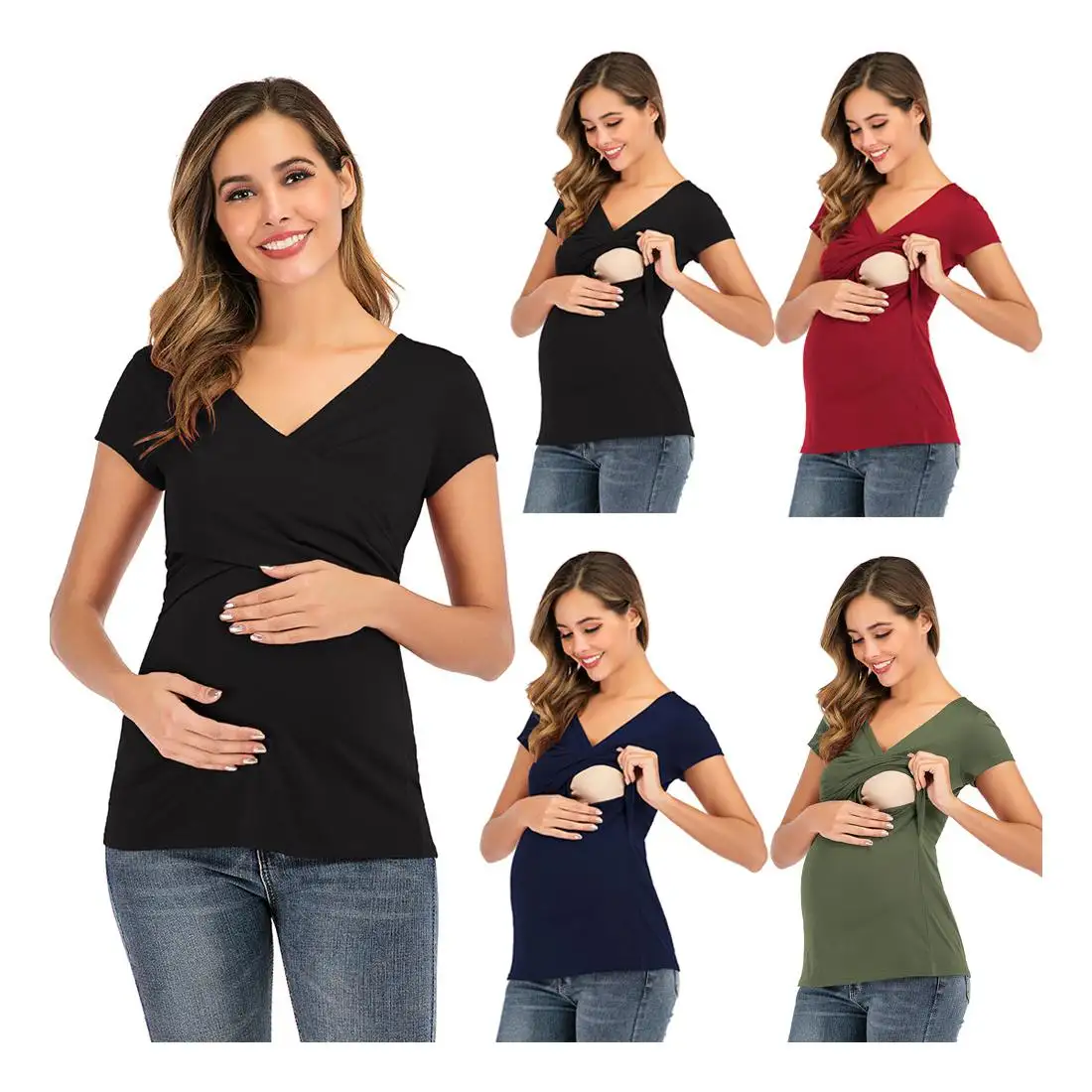Pregnant Women's Sandal Party Wear Women's Gym Wear Set New Style Short Sleeve Deep V-Neck Solid Color Cross Breast And