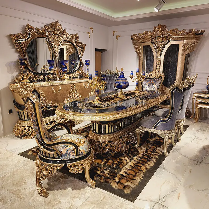 Европейский стиль Rococo столовые наборы обеденный стол и стулья Французский роскошный обеденный стол из массива дерева