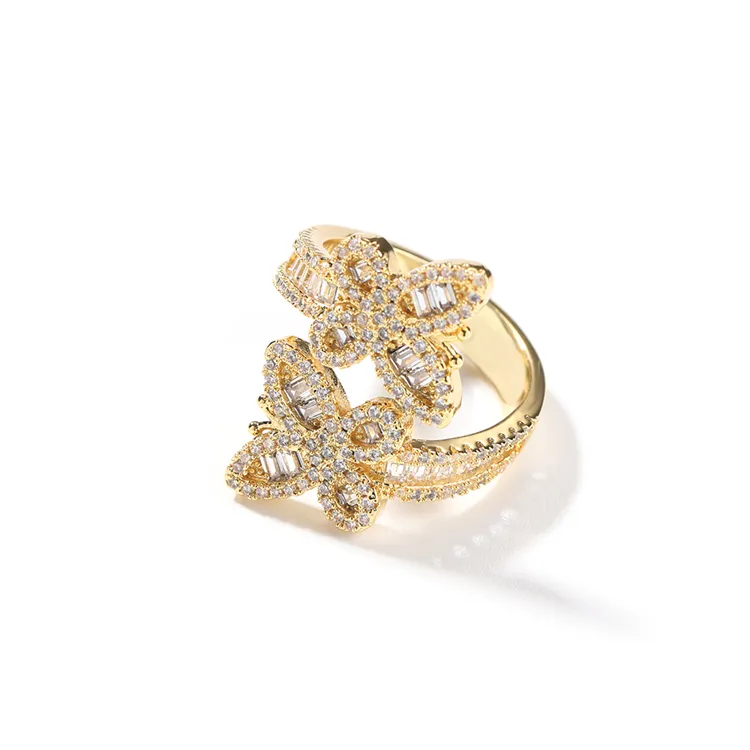 Оптовая цена, ювелирные изделия в стиле хип-хоп, обледененные золотые кольца-бабочки для унисекс, открытые серебряные кольца-бабочки, модные ювелирные изделия для девочек