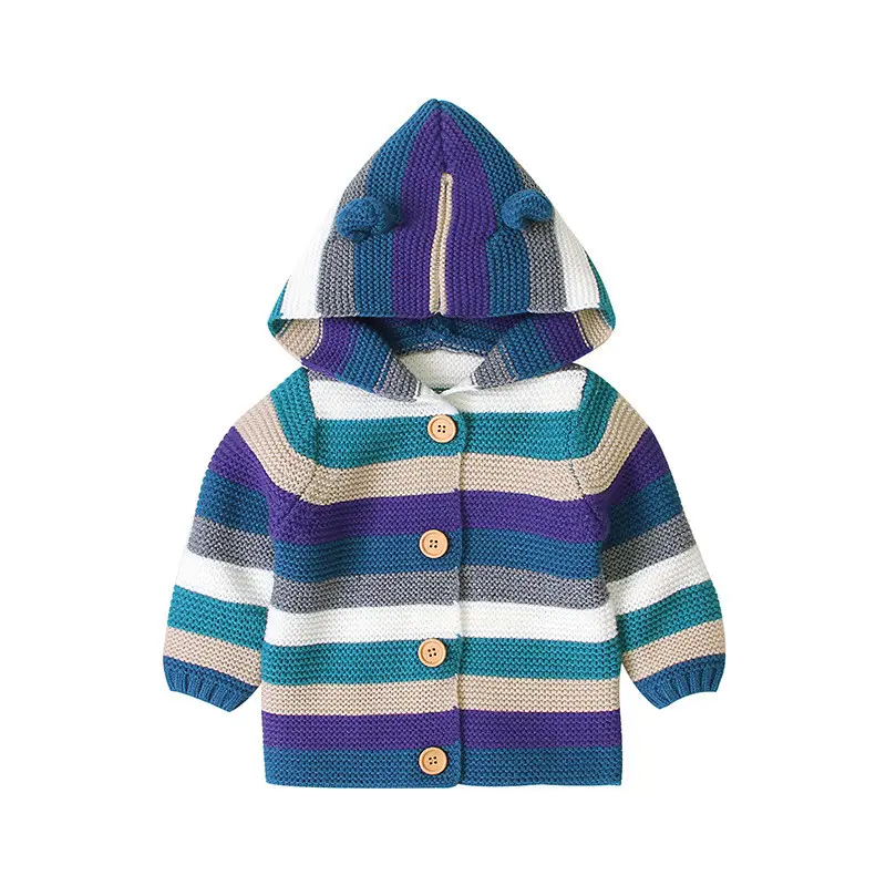 Custom Design Knitted Stripe Baby Sweater with Hooded Wholesale Knit Toddler Cardigan Sweaters