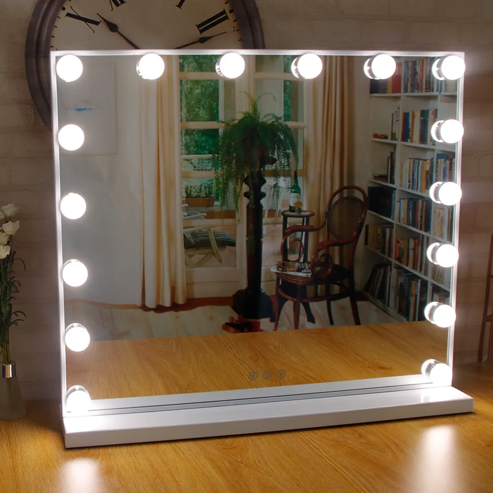 Оптовая продажа освещенных стоячих светодиодных косметических зеркал, настенные 16 диммируемых ламп, косметическое зеркало Голливуда с лампами