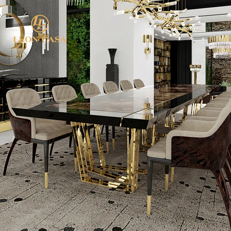 Роскошный итальянский прямоугольный Большой Мраморный черный золотистый обеденный стол, обеденный стол на 12 мест