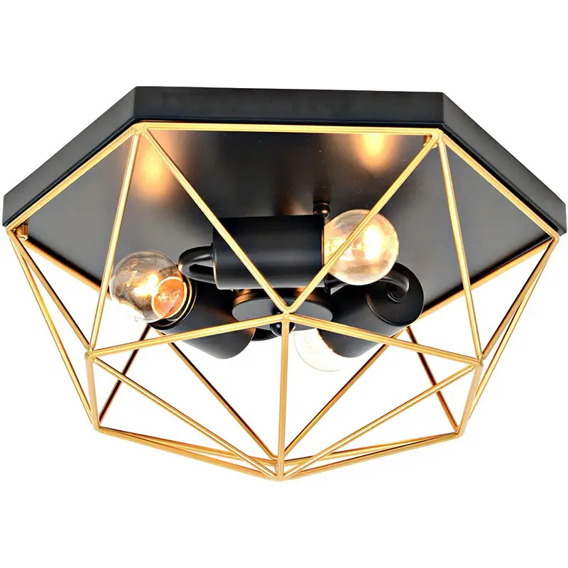 Черно-золотой потолочные светильники, 3-Light современный потолочный светильник с металлическим проволочным каркасом, дом с геометрическим принтом для потолочного светильника
