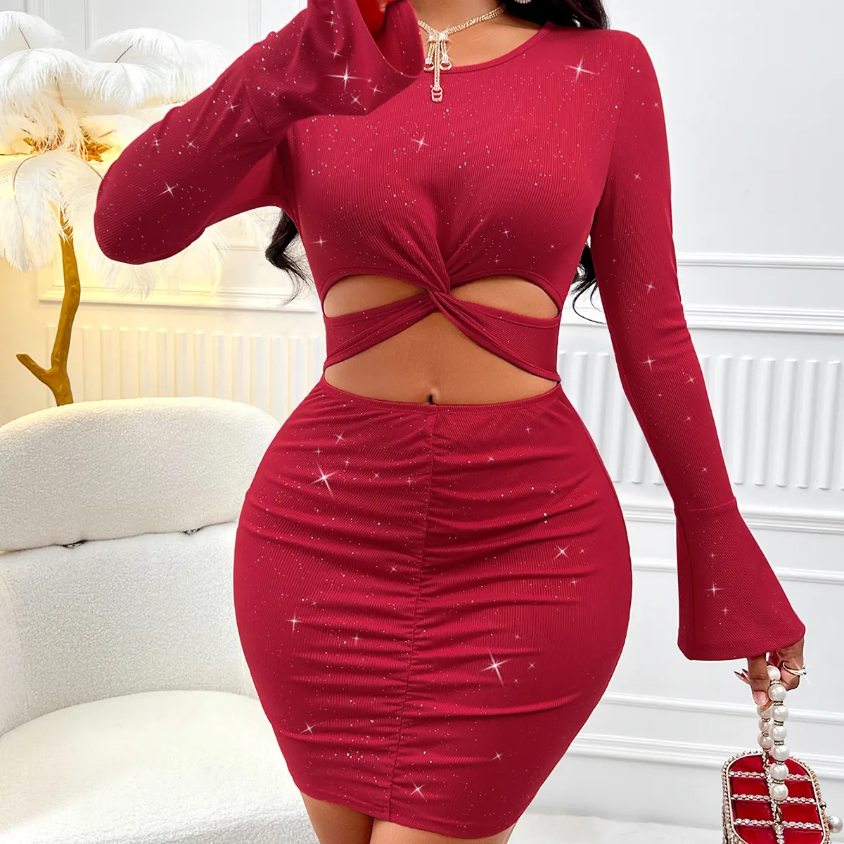 Новые 2024 весенние уличные красные платья, сексуальное облегающее мини-платье с расклешенными рукавами, короткие платья с закрученным узлом для женщин