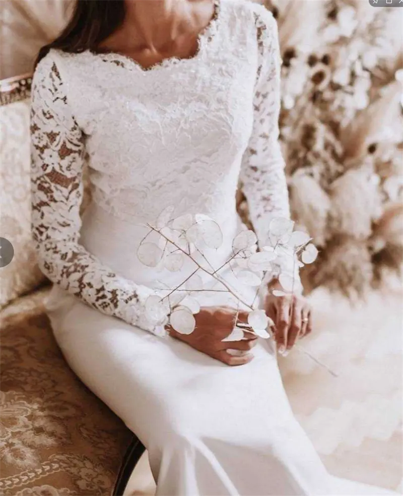 Белое элегантное кружевное прозрачное свадебное платье #11300 2021 с вырезом лодочкой и длинным рукавом в деревенском стиле свадебное платье для фотосессии на заказ