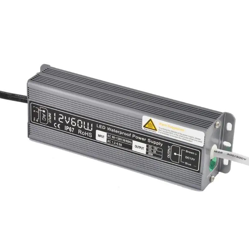 LED Driver 110V 220V AC DC 12V 5A 60W Watts IP67 Waterproof Outdoor Power Supply For LED Strip Lights