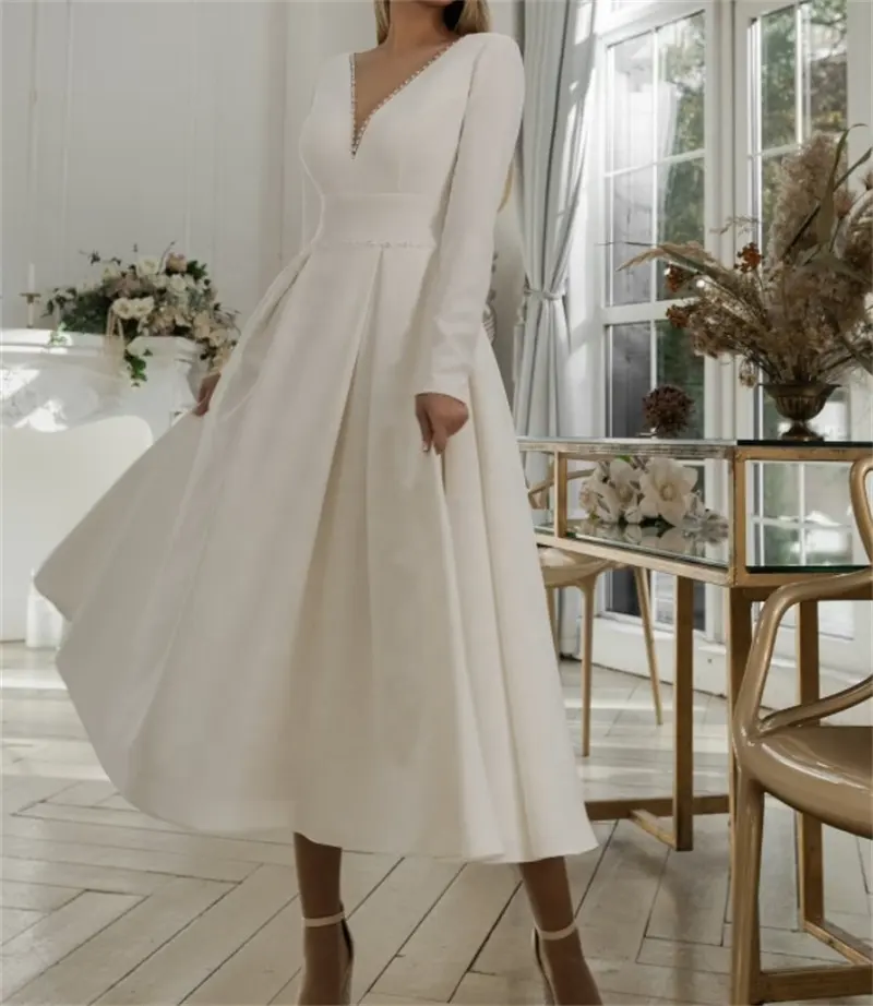 #11240 Voluminous Deep V-Neck Long Sleeve Midi Length Soft Satin Side Pocket Delicate Wedding Dress Bridal Gowns Evening Dress