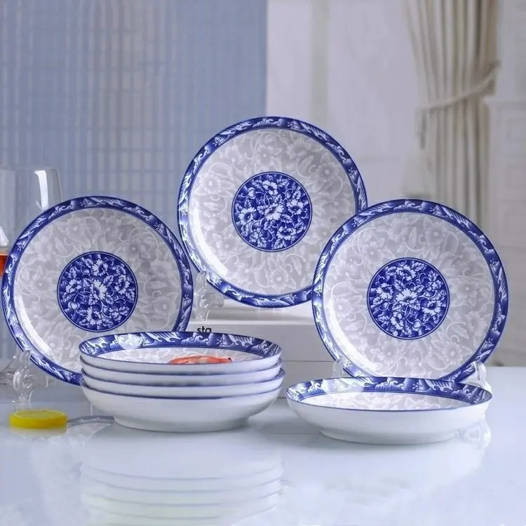 Белый/синий китайский Меламиновый посуда с тарелкой и чашей