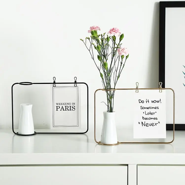 Wrought Iron Frame Decoration,Metal Desk Photo Frames with Ceramic Vase