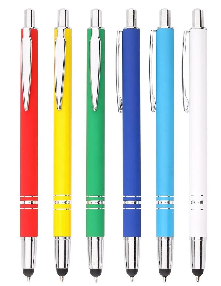 custom logo capacitive stylus aluminum metal rubber coated promotion gift click pen touch white metal pen