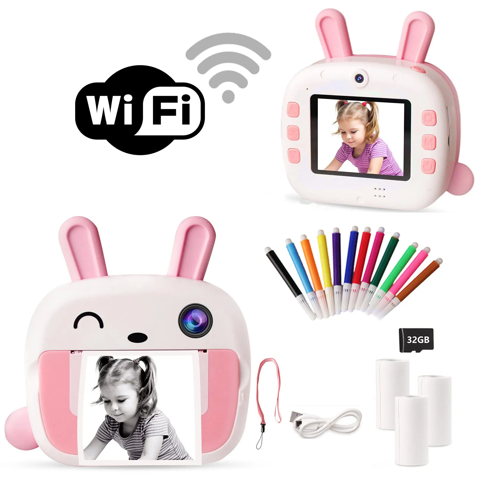 Милый Кролик Мини-детская камера Мгновенной Печати 12 М пикселей HD Wi-Fi черный и белый для детей