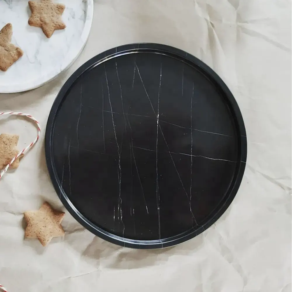 Chinese cheaper Black marble Round Nero marquina marble tray