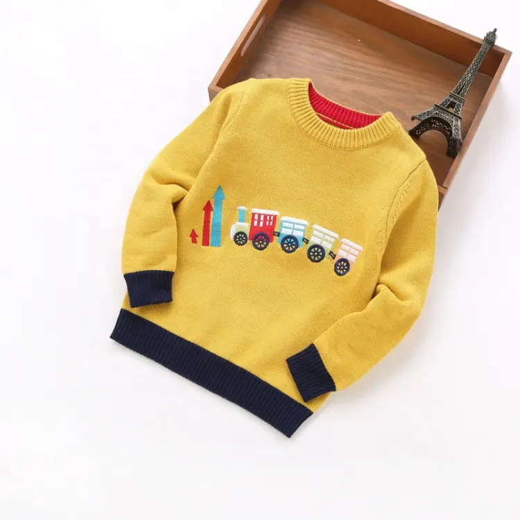 Kids Contrast Trim Knit Embroidery Pattern Baby Boys Sweater