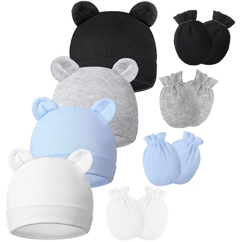 Newborn Baby Bear Ears Beanies No Scratch Hats Mittens Set